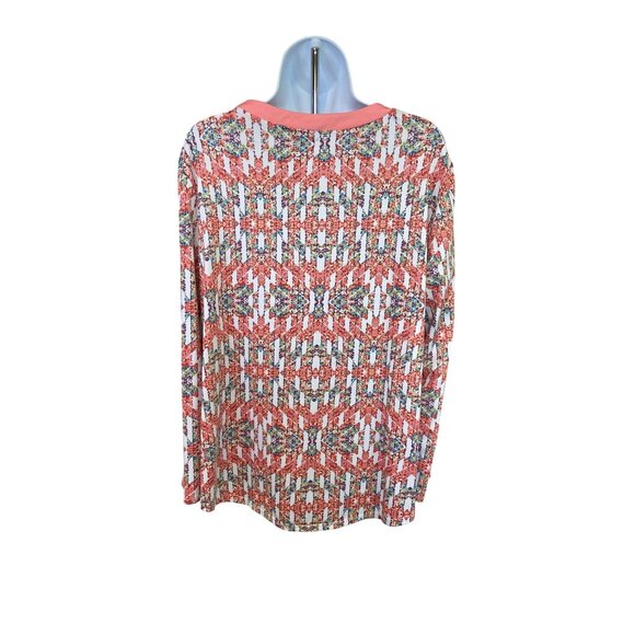 Notations Womens Top Large Multicolor Geometric V-Neck Coral Trim Grannycore - Picture 2 of 8